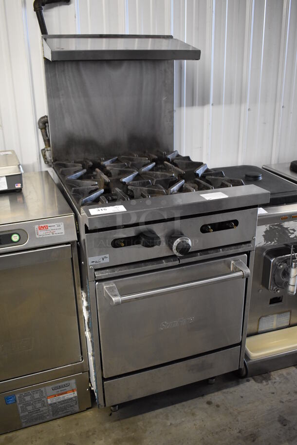 Garland SunFire Stainless Steel Commercial Natural Gas Powered 4 Burner Range w/ Oven, Over Shelf and Back Splash. 23.5x35x57 - Image 2 of 6