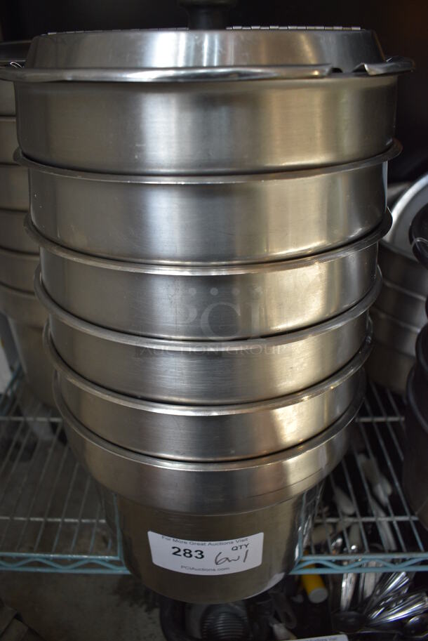 6 Stainless Steel Cylindrical Drop In Bins w/ 1 Lid. 11x11x8. 6 Times Your Bid!