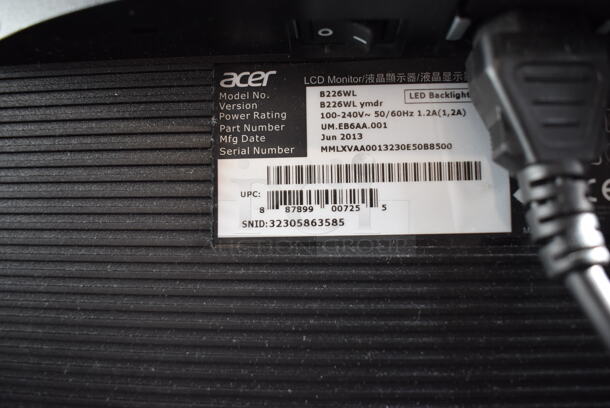 3 Acer B226WL 22" Computer Monitors. 100-240 Volts, 1 Phase. 3 Times Your Bid! - Image 4 of 6