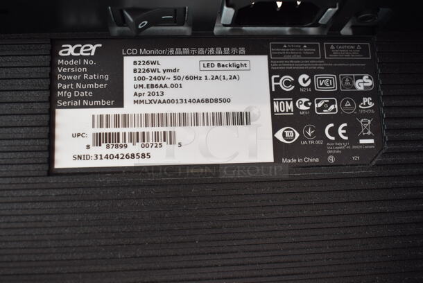 3 Acer B226WL 22" Computer Monitors. 100-240 Volts, 1 Phase. 3 Times Your Bid! - Image 6 of 6