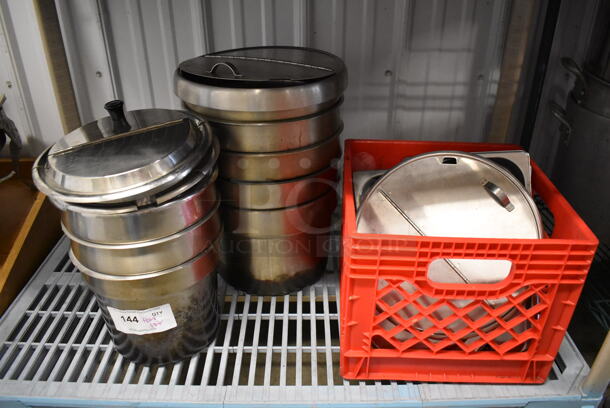 ALL ONE MONEY! Tier Lot of Various Items Including 8 Cylindrical Stainless Steel Bins, Ice Bin and Various Drop In Bin Lids - Image 3 of 7
