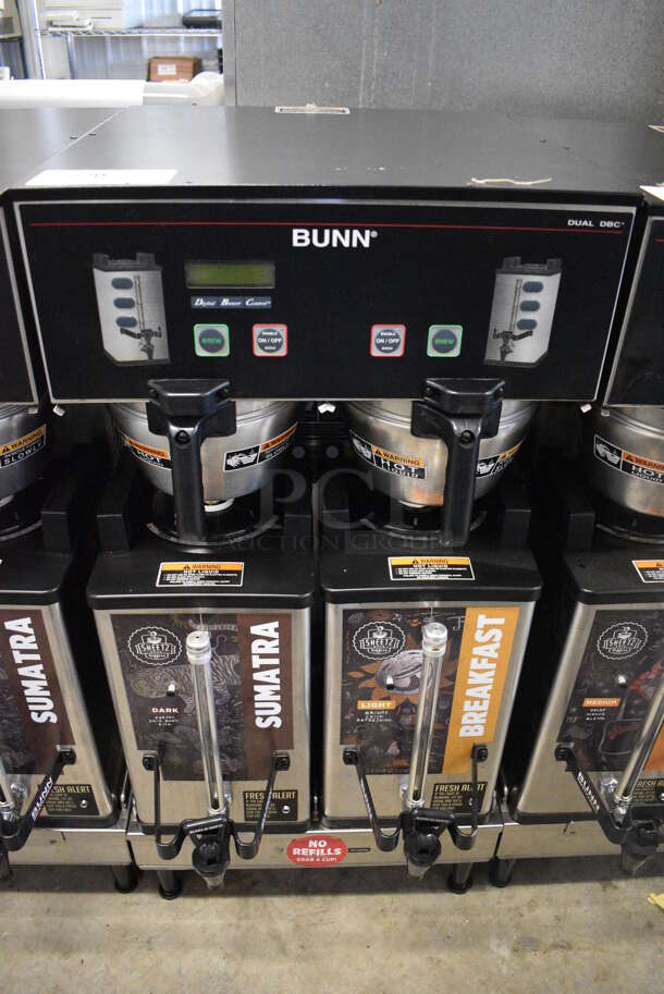 2013 Bunn Model DUAL SH DBC Stainless Steel Commercial Countertop Dual Coffee Machine w/ 2 Stainless Steel Brew Baskets and 2 Bunn Model SH SERVER Satellite Servers. 120/208-240 Volts, 1 Phase. 18x24x36. Tested and Working!