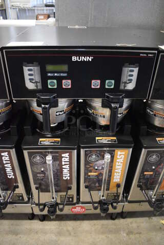 2013 Bunn Model DUAL SH DBC Stainless Steel Commercial Countertop Dual Coffee Machine w/ 2 Stainless Steel Brew Baskets and 2 Bunn Model SH SERVER Satellite Servers. 120/208-240 Volts, 1 Phase. 18x24x36. Tested and Working!