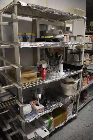 White 5 Tier Wire Shelving Unit w/ Contents Including Soup, Utensils and Receipt Paper Rolls. BUYER MUST REMOVE. BUYER MUST DISMANTLE. PCI CANNOT DISMANTLE FOR SHIPPING. PLEASE CONSIDER FREIGHT CHARGES. 48x18x75. (kitchen)