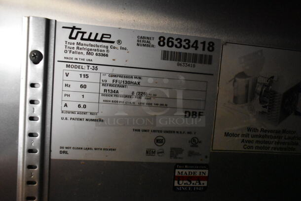 2015 True T-35 Stainless Steel Commercial 2 Door Reach In Cooler w/ Poly Coated Racks on Commercial Casters. 115 Volts, 1 Phase. Tested and Working! - Image 5 of 5