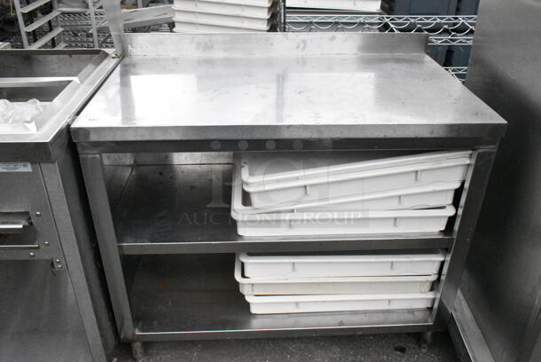 Stainless Steel Commercial Table w/ 2 Under Shelves, Back Splash and White Poly Dough Bins.  - Image 1 of 4