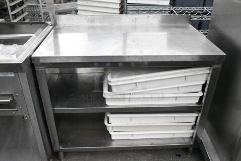 Stainless Steel Commercial Table w/ 2 Under Shelves, Back Splash and White Poly Dough Bins. 