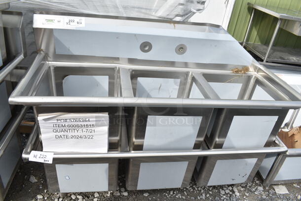 2 BRAND NEW SCRATCH AND DENT! Regency 600S31515 54" 16-Gauge Stainless Steel Three Compartment Commercial Sink with Galvanized Steel Legs and without Drainboards - 15" x 15" x 12" Bowls. No Legs. 2 Times Your Bid! - Image 2 of 10