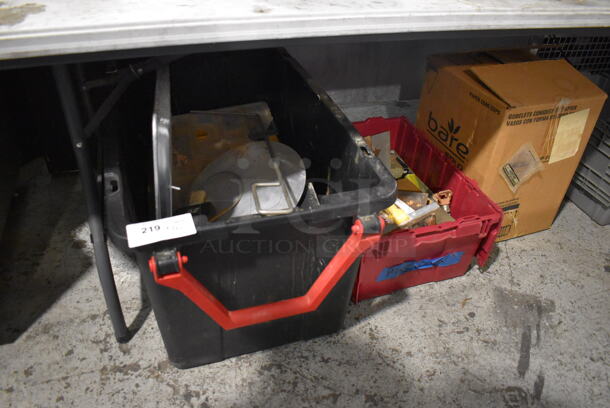 ALL ONE MONEY! Lot of Various Items Under Table Including Poly Bins, Metal Items and Bare Paper Cones - Image 2 of 10