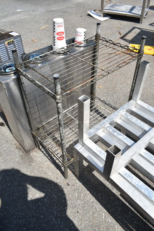 Chrome Finish 2 Tier Wire Shelving Unit w/ Contents Including Stainless Steel Drop In Bin Lids. BUYER MUST DISMANTLE. PCI CANNOT DISMANTLE FOR SHIPPING. PLEASE CONSIDER FREIGHT CHARGES. - Image 2 of 7