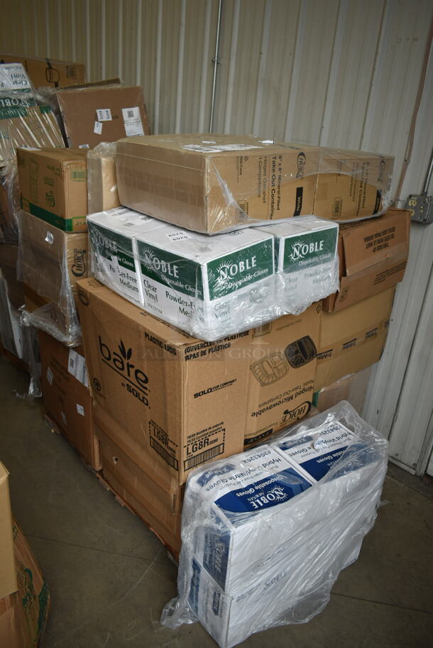 PALLET LOT of 29 BRAND NEW Boxes Including 4 Boxes 394325XL Noble NexGen Powder-Free Disposable Blue Hybrid 3 Mil Thick Gloves - Extra Large - 1000/Case, 2 Box 500MF883W1C Choice 8