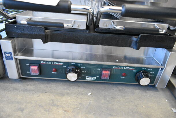 BRAND NEW SCRATCH AND DENT! 2024 Waring WFG300 Stainless Steel Commercial Tostato Ottimo Smooth Top & Bottom Dual Panini Sandwich Grill - 17" x 9 1/4" Cooking Surface. 240 Volts, 1 Phase.  - Image 4 of 9
