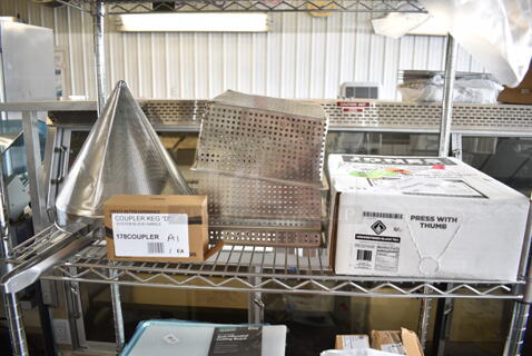 7 BRAND NEW SCRATCH AND DENT! Items; 178COUPLER Avantco 178COUPLER "D" System Beer Keg Coupler, 103BIBJNTE3 Jones Watermelon Vitamin Water Syrup 3 Gallon Bag in Box, China Cap Strainer, 3 Straining Baskets. 7 Times Your Bid!