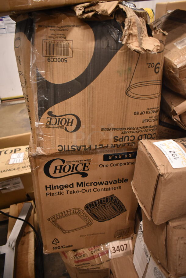 PALLET LOT of 30 BRAND NEW Boxes Including 600TWMS1648 16" x 48" Stainless Steel Tubular Wall Mounted Shelf, 500CC9 Choice 9 oz. Clear PET Customizable Plastic Squat Cold Cup - 1000/Case, 500TO883 Choice 8" x 8" x 3" Microwaveable 1-Compartment Black / Clear Plastic Hinged Container - 100/Case, CHoice 12 oz Deli Container, 12 oz Foam Bowls, 5013339XXH Lavex Pro 33 Gallon 2.5 Mil 33" x 39" Low Density Heavy-Duty Industrial Contractor Black Trash Bag Can Liner - 100/Case, 395RP09 EcoChoice Compostable Sugarcane / Bagasse 9" Plate - 500/Case, 127CH32F Choice 32 oz. Clear RPET Tall Hinged Deli Container with Domed Lid - 200/Case, Choice 8 Quart Full Size Folding Chafer. 30 Times Your Bid! - Image 3 of 12