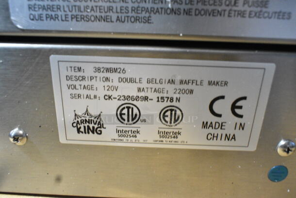 BRAND NEW SCRATCH AND DENT! 2023 Carnival King 382WBM26 Stainless Steel Commercial Countertop Non-Stick Double Belgian Waffle Maker with Timers. 120 Volts, 1 Phase. See Pictures for Damage. Tested and Working! - Image 9 of 9