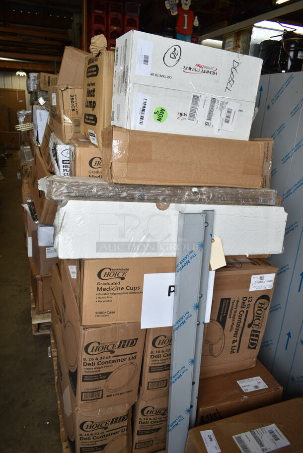 PALLET LOT of 31 BRAND NEW Boxes Including 612D3COMP Choice 8 1/2"x 6 3/8" 3-Compartment Oblong Foil Take-Out Container with Board Lid - 250/Case, 2 Box 130CLKFSNH Visions Individually Wrapped Clear Heavy Weight Cutlery Pack with Napkin - 500/Case, 4 Box 128HDLDBULK ChoiceHD Microwavable Translucent Plastic Deli Container Lid - 480/Case, 346MEDCUP1Z Choice 1 oz. Disposable Polypropylene Graduated Medicine Cup - 5000/Case, 423HLS85SS ServIt HLS85SS 8' Cut-to-Length Ceiling Mount Heat Lamp with Modern Stainless Steel Round Dome Shade, Choice Medicine Cups, 105GC49973 Choice 3 Part Tan and White Carbonless Guest Check with Beverage Lines and Bottom Guest Receipt - 2000/Case, 2 Box 500CC20 Choice Clear PET Customizable Plastic Cold Cup - 20 oz. - 600/Case, Henny Penny 12090 Prime 11" x 19" Filter Pad - 30/Case, 3 Box 433SLINER2BL Baker's Lane 12" x 16" Half Size Silicone Coated Parchment Paper Bun / Sheet Pan Liner Sheet - 1000/Case. 31 Times Your Bid! - Image 2 of 12