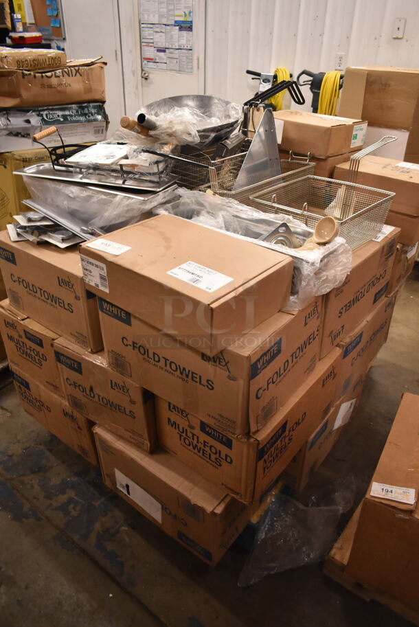 PALLET LOT of 62 BRAND NEW Boxes Including 500CFT Lavex White C-Fold Standard Weight Towel - 2400/Case, 500MFT Lavex Natural Brown Kraft M-Fold (Multifold) Towel - 4000/Case, 577756M1SD 546 Piece First Aid Kit Cabinet, 35347039 8" Curved Breaking Knife with Wood Handle, 4067000990 Antunes 7000990 Platen Sheet for VCT-2 - 10/Pack, Metal Fry Baskets, 433NHTBIO EcoChoice 1/6 Standard Size Biodegradable Standard-Duty Plastic T-Shirt Bag - 500/Case 62 Times Your Bid! - Image 1 of 12