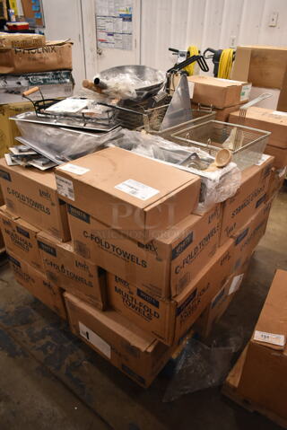 PALLET LOT of 62 BRAND NEW Boxes Including 500CFT Lavex White C-Fold Standard Weight Towel - 2400/Case, 500MFT Lavex Natural Brown Kraft M-Fold (Multifold) Towel - 4000/Case, 577756M1SD 546 Piece First Aid Kit Cabinet, 35347039 8" Curved Breaking Knife with Wood Handle, 4067000990 Antunes 7000990 Platen Sheet for VCT-2 - 10/Pack, Metal Fry Baskets, 433NHTBIO EcoChoice 1/6 Standard Size Biodegradable Standard-Duty Plastic T-Shirt Bag - 500/Case 62 Times Your Bid!