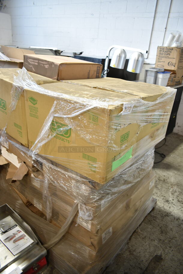 PALLET LOT of 30 BRAND New Boxes Including Approx 25 8"x13" 35/5 White Freezer 25# Bundle Sheets, Eco-Products EP-RC16 16 oz. PLA Plastic Compostable Rectangular Deli Container and Lid - 300/Case, BonFair BF5216 BLK Inserts. 30 Times Your Bid!  - Image 1 of 5