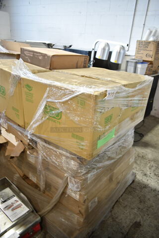 PALLET LOT of 30 BRAND New Boxes Including Approx 25 8"x13" 35/5 White Freezer 25# Bundle Sheets, Eco-Products EP-RC16 16 oz. PLA Plastic Compostable Rectangular Deli Container and Lid - 300/Case, BonFair BF5216 BLK Inserts. 30 Times Your Bid! 