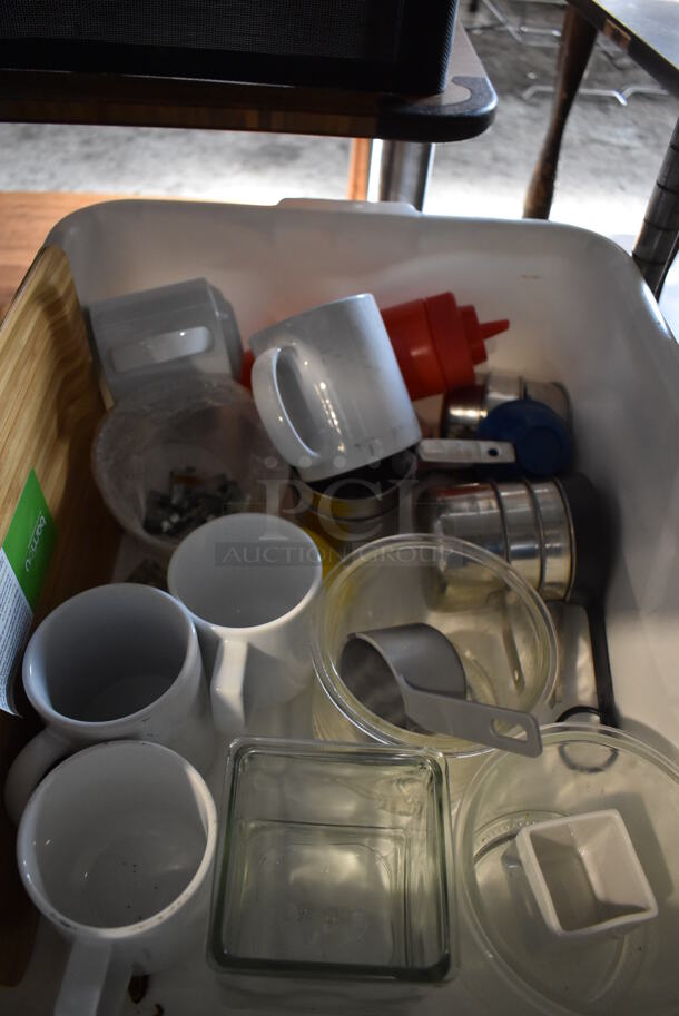 ALL ONE MONEY! Lot of Chrome Finish 5 Tier Shelving Unit on Commercial Casters w/ Contents Including Poly Beverage Tumblers, Coffee Urns, Mesh Baskets, Bus Bins, Utensils and Ceramic Mugs. BUYER MUST DISMANTLE. PCI CANNOT DISMANTLE FOR SHIPPING. PLEASE CONSIDER FREIGHT CHARGES. 48x18x75 - Image 5 of 12