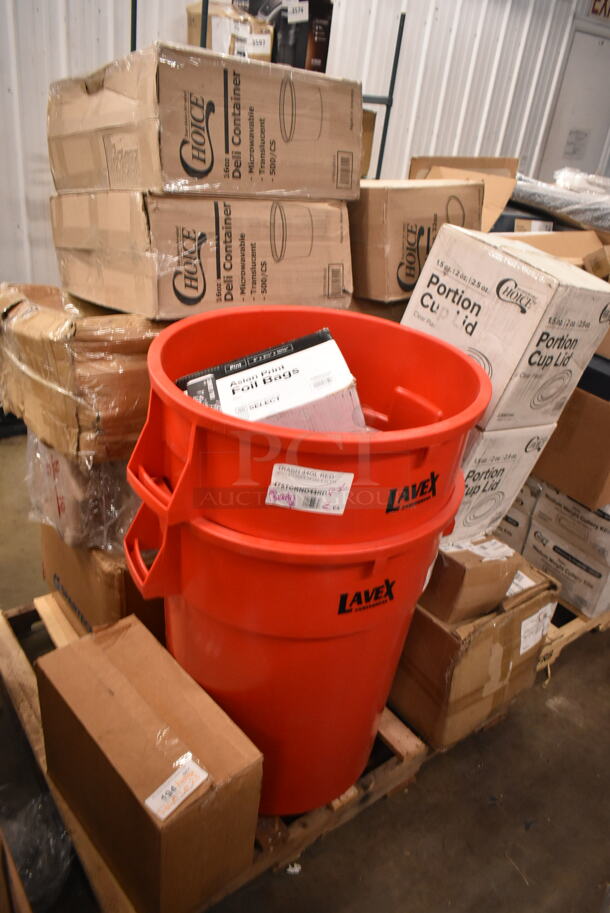 PALLET LOT of 23 BRAND NEW Boxes Including 150ASIANPINT Emperor's Select Chinese Pint Size Insulated Foil Bag - 1000/Case, 304FND109W Acopa Foundations 9" White Narrow Rim Melamine Plate - 12/Case, 3756620BP GET 6620-BP 20 oz. Blue Pepsi® SAN Plastic Pebbled Tumbler - 72/Case, Choice Pastry Bags, 471SPC100 Choice 20 13/16" Aluminum Pot / Pan Cover, 470M37015 Barfly M37015 12 3/8" Stainless Steel Bar Spoon with Fork End, 2 475TCRND44RD Lavex 44 Gallon Red Round Commercial Trash Can, 2 Box 127PL2 Choice PET Plastic Lid for 1.5 to 2.5 oz. Souffle Cup / Portion Cup - 2500/Case, 130PSVDISP4 Preserve 36007 Multi-Utensil Cutlery Dispenser, 17821313 Plate, 442CMTTW1044 Lavex 10" x 4" x 4" White Tuck Top Corrugated Mailer - 50/Bundle, 127RDTFLBULK Choice Microwavable Translucent Recessed Fit Deli Lid - 500/Case, 2 127RD16BULK Choice 16 oz. Microwavable Translucent Round Deli Container - 500/Case. 23 Times Your Bid! - Image 1 of 12