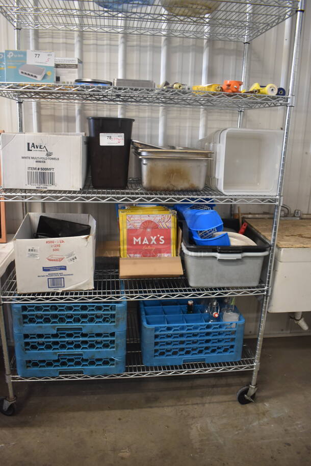 ALL ONE MONEY! 3 Tier Lot Including Dishwasher Caddies and Various Water Glasses, Stainless Steel Drop In Steam Table Pans, Menus, Bus Tubs, Ingredient Bins, Telephones and MORE!