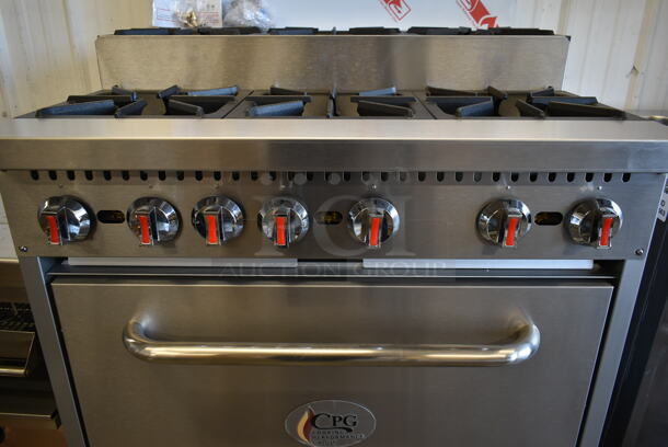 BRAND NEW SCRATCH AND DENT! Cooking Performance Group CPG 351S36SUL Stainless Steel Commercial Propane Gas Powered 2 Tier 6 Burner Range w/ Oven, Back Splash and Over Shelf. 210,000 BTU. Tested and Working! - Image 4 of 7