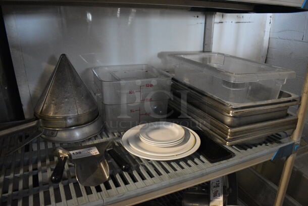 ALL ONE MONEY! Tier Lot of Various Items Including Stainless Steel Drop In Bins and China Cap Strainers
