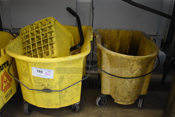 2 Yellow Poly Mop Buckets on Commercial Casters w/ 1 Wringing Attachment. Includes 17x21x18. 2 Times Your Bid!