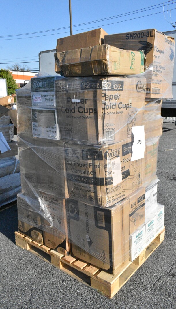 35 BRAND NEW Boxes Including 3 Box 5001BNAP Choice 1-Ply White Beverage / Cocktail Napkin - 4000/Case, 347TCL12 Choice 12 oz. Clear Disposable Plastic Tumbler - 500/Case, 795PTOKFT3 Choice Kraft Microwavable Folded Paper #3 Take-Out Container 7 3/4" x 5 1/2" x 2 1/2" - 200/Case, 50010DWALLWH Choice 10 oz. White Smooth Double Wall Paper Hot Cup, 395RP09 EcoChoice No PFAS Added Bamboo / Bagasse Blend 9" Plate - 500/Case, SN200-3L Genpak SN200-BK 9" x 9" x 3" Black Hinged Lid Foam Container - 200/Case, 2 Box 394365M Noble Products Powder-Free Disposable Clear Vinyl Gloves for Foodservice - Medium - 1000/Case, 795PTOWHT1 Choice White Microwavable Folded Paper #1 Take-Out Container 4 3/8" x 3 1/2" x 2 1/2" - 450/Case, 500TO993 Choice 9" x 9" x 3" Microwavable 1-Compartment Black / Clear Plastic Hinged Container - 100/Case, 5004C Choice 4 oz. Coffee Print Poly Paper Hot Cup - 1000/Case, 2 Box 129MCR24B Choice 24 oz. Black Round Microwavable Heavy Weight Container with Lid 7 1/4" - 150/Case, 347TCL12 Choice 12 oz. Clear Disposable Plastic Tumbler - 500/Case. 35 Times Your Bid!  - Image 1 of 12