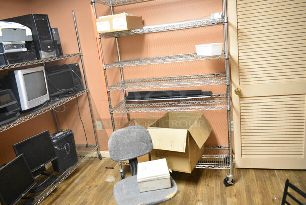 ALL ONE MONEY! Room Lot of Various Items Including Chrome Finish Wire Shelves, Computer Monitors and Chair. BUYER MUST REMOVE: Bring Tools and Manpower Needed To Remove This Item. (basement)  - Image 2 of 4