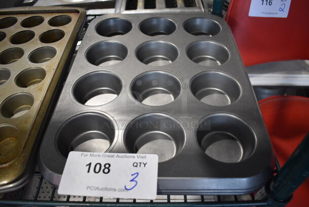 3 Metal 12 Cup Muffin Baking Pans. 11x15x2. 3 Times Your Bid!