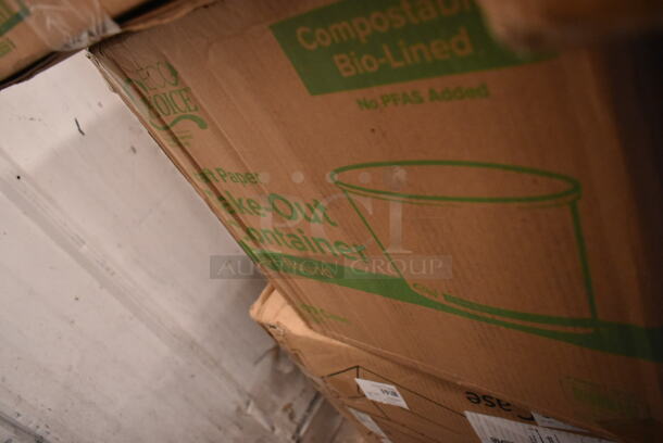 PALLET LOT of 21 BRAND NEW Boxes Including Choice Take Out Container, Tellus 433470 Bowls, 50012DWALLW Choice 12 oz. White Smooth Double Wall Paper Hot Cup - 500/Case, 760IC12G Choice 12 oz. Green Paper Frozen Yogurt / Food Cup - 1000/Case, 3 Box Choice 1.5 oz Portion Cups,  795PTOKFT1 Choice 4 5/8" x 3 1/2" x 2 1/2" Kraft Microwavable Folded Paper #1 Take-Out Container - 450/Case, 3 Box Medium Weight Cutlery Sets, 5002BNAPWH Choice 2-Ply White Beverage / Cocktail Napkin - 3000/Case, 394360M Noble Products Powdered Disposable Vinyl Gloves for Foodservice - 1000/Case, 395TO961 EcoChoice 9" x 6" x 3" Compostable Sugarcane / Bagasse 1 Compartment Take-Out Container - 200/Case, 274MOPBCKTYE Lavex 35 Qt. Yellow Mop Bucket & Side Press Wringer Combo. 21 Times Your Bid!  - Image 3 of 12