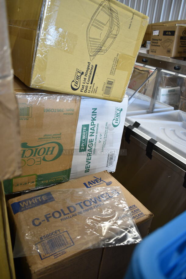 PALLET LOT of 35 BRAND NEW Boxes Including 127CH12 Choice 12 oz. Clear RPET Hinged Deli Container - 200/Case, 5002BNAPWH Choice 2-Ply White Beverage / Cocktail Napkin - 3000/Case, 500CFT Lavex White C-Fold Standard Weight Towel - 2400/Case, 612FS7800 Choice Full Size Foil Steam Table Pan Medium 2 3/16" Depth - 50/Case, 128HD8COMBO ChoiceHD 8 oz. Microwavable Translucent Plastic Deli Container and Lid Combo Pack - 240/Case 128HD12COMBO ChoiceHD 12 oz. Microwavable Translucent Plastic Deli Container and Lid Combo Pack - 240/Case, 2 Box Kraft #3 Containers, 127DM8BULK Choice 8 oz. Ultra Clear PET Plastic Round Deli Container - 500/Case, 5013858 Lavex Hercules 55 Gallon 2 Mil 38" x 58" Low Density Heavy-Duty Black Can Liner / Trash Bag - 50/Case, 3 Box 8" Corrugated Cake Circles, 5005GTWH Lavex Linen-Feel White Customizable 1/6 Fold Guest Towel - 500/Case, Choice Sandwich Wedge Containers, 500L1020W Choice White Hot Paper Cup Travel Lid for 10-24 oz. Standard Cups and 8 oz. Squat Cups - 1000/Case, 612FHL1230 Choice Foil Steam Table Pan Lid - Half Size - 100/Case, 

 35 Times Your Bid! - Image 2 of 12