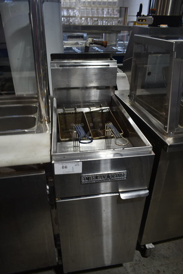 American Range Stainless Steel Commercial Floor Style Natural Gas Powered Deep Fat Fryer w/ 2 Metal Fry Baskets. 