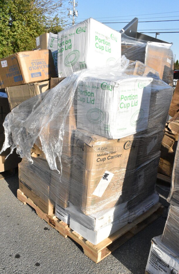 23 BRAND NEW Boxes Including 500MFT Lavex White M-Fold (Multifold) Towel - 4000/Case, 127PL400 Choice PET Plastic Lid for 3.25 to 5.5 oz. Souffle Cup / Portion Cup - 2500/Case, 760FF16 Choice 16 oz. French Fry Cup - 1000/Case, 128HD8COMBO Choice Heavy Duty 8 oz. Microwavable Translucent Plastic Deli Container and Lid Combo Pack - 240/Case, 130BKKNIFEH Choice Black Heavy Weight Plastic Knife - 1000/Case, 433CARRIER4 Choice Pulp Fiber 4 Cup Carrier - 300/Case, 128HD8COMBO Choice Heavy Duty 8 oz. Microwavable Translucent Plastic Deli Container and Lid Combo Pack - 240/Case, 2451282WBPBL Baker's Lane 12" x 8" x 2 1/4" Pink Auto-Popup Window Donut / Bakery Box - 200/Bundle, 5002TPJ Morcon Morsoft 2-Ply 625' Jumbo Toilet Paper Roll with 8 1/2" Diameter - 12/Case, 130IC8PCLW1M Choice 8 lb. Clear Wicketed Ice Bag with Ice Print - 1000/Case. 23 Times Your Bid!  - Image 1 of 12