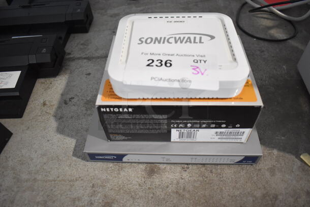 3 Various Items; Sonicwall TZ 200 APL22-06F, Netgear ProSafe 5 Port Gigabit Desktop Switch and SonicWall TZ 190 APL18-045. 3 Times Your Bid!