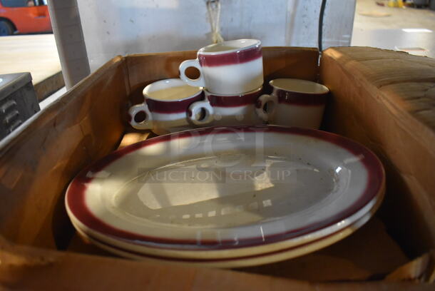 28 White and Red Ceramic Mugs w/ 2 Oval Plates. 4.5x3x2.5, 11.5x8x1. 28 Times Your Bid!