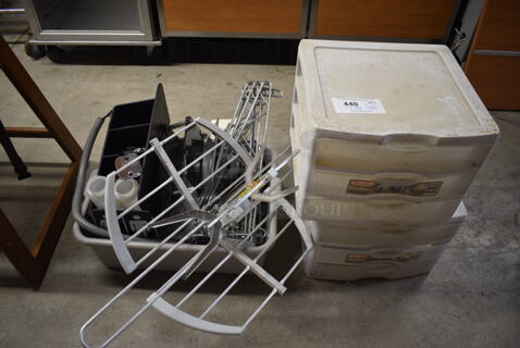 ALL ONE MONEY! Lot of Various Items In Gray Bus Bin and 2 Clear and White 3 Drawer Units! 
