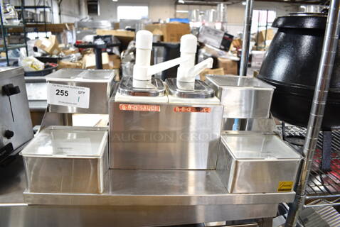 Stainless Steel Commercial Countertop Condiment Rail w/ 2 Pumps and 5 Bins. 