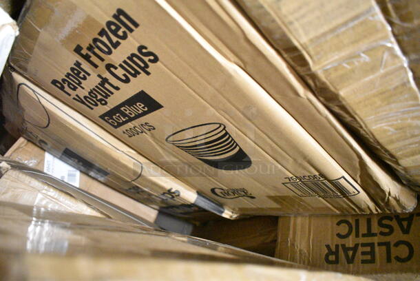 PALLET LOT of 35 BRAND NEW Boxes Including 750IC06B Choice 6 oz. Blue Paper Frozen Yogurt / Food Cup - 1000/Case, PP883 Ivory Containers, 966TALLFLDB Choice White Tall-Fold 6" x 13" Dispenser Napkin - 8000/Case, 2 Box 5001RT800B Lavex 8" White Hardwound Paper Towel, 800 Feet / Roll - 6/Case, 130BHWPLAFR EcoChoice Heavy Weight 6 1/2" Black CPLA Plastic Fork - 1000/Case, 500CFT Lavex White C-Fold Standard Weight Towel - 2400/Case, 43208500 Choice Black Beverage Napkins, 500LFLAT Choice Clear Flat Lid with Straw Slot - 9, 12, 16, 20, and 24 oz. - 1000/Case, 5001RT350B Lavex White Hardwound Paper Towel, 350 Feet / Roll - 12/Case, 795PTOKFT3 Choice Kraft Microwavable Folded Paper #3 Take-Out Container 7 3/4" x 5 1/2" x 2 1/2" - 200/Case, Elkay EZWSR Zurn Elkay ezH20 EZWSR Stainless Steel Non-Filtered Bottle Filling Station - Non-Refrigerated, 347RP9WHSS Visions Wave 9" White Plastic Plate - 180/Case. 35 Times Your Bid!  - Image 4 of 12