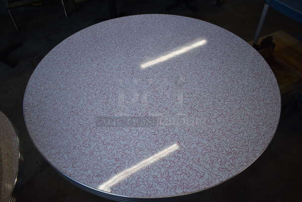 2 White Round Dining Height Tables w/ Red and Gray Pattern on Black Metal Base. 41x41x30. 2 Times Your Bid! - Image 2 of 3