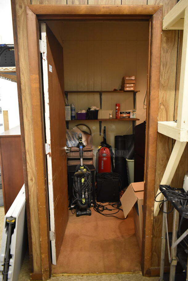 ALL ONE MONEY! ROOM LOT of Various Items Including Shelving Units, Vacuum Cleaner and Lights. BUYER MUST REMOVE. (hallway) - Image 1 of 7