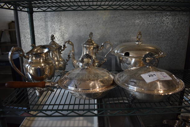 6 Various Metal Items; Pitchers, Bowls and Lids. Includes 11x11x9. 6 Times Your Bid!
