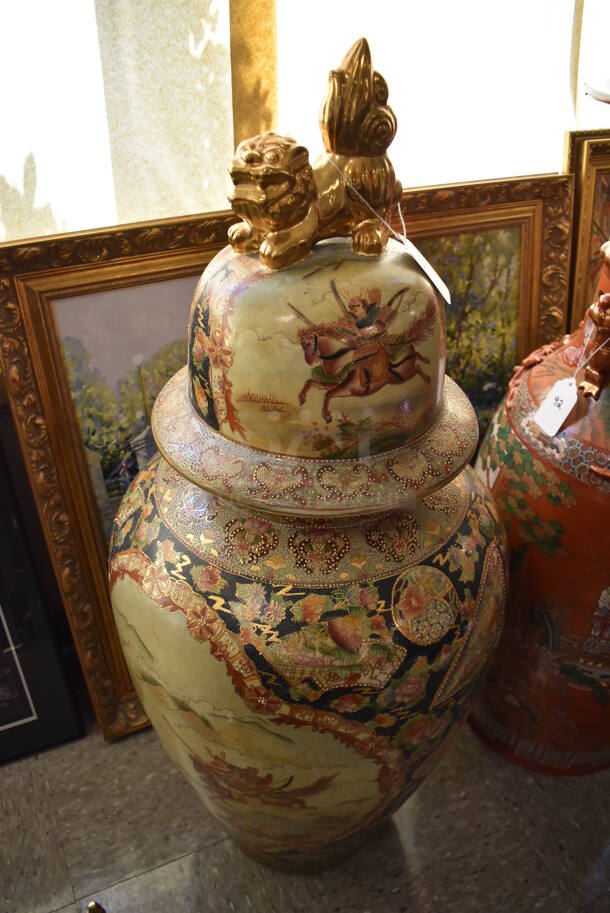 Ornate Asian Style Capped Vase w/ Foo Dog and Samurai Motif. - Image 5 of 7