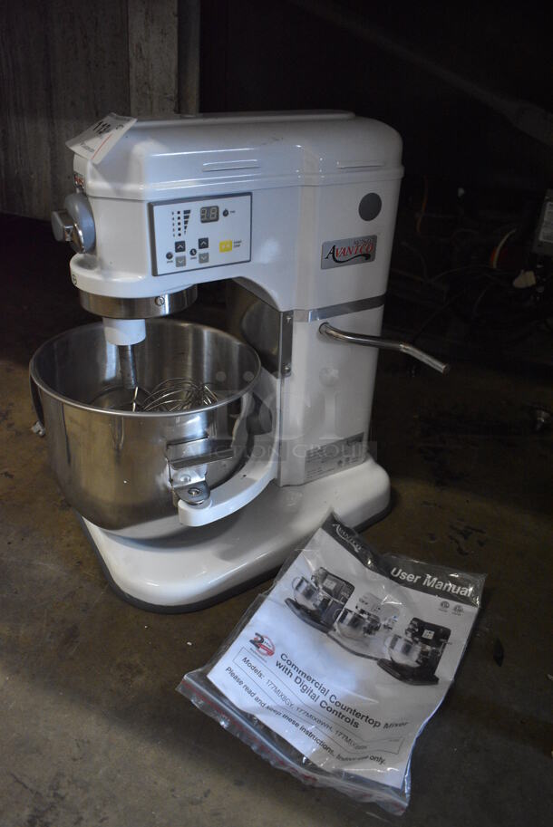 BRAND NEW! Avantco Model 177MIX8WH Metal Commercial Countertop 8 Quart Planetary Dough Mixer w/ Metal Mixing Bowl, Paddle, Whisk and Dough Hook Attachments. Unit Was Only Used a Few Times as a Demonstration at Trade Shows.120 Volts, 1 Phase. 14x16x20. Tested and Working!