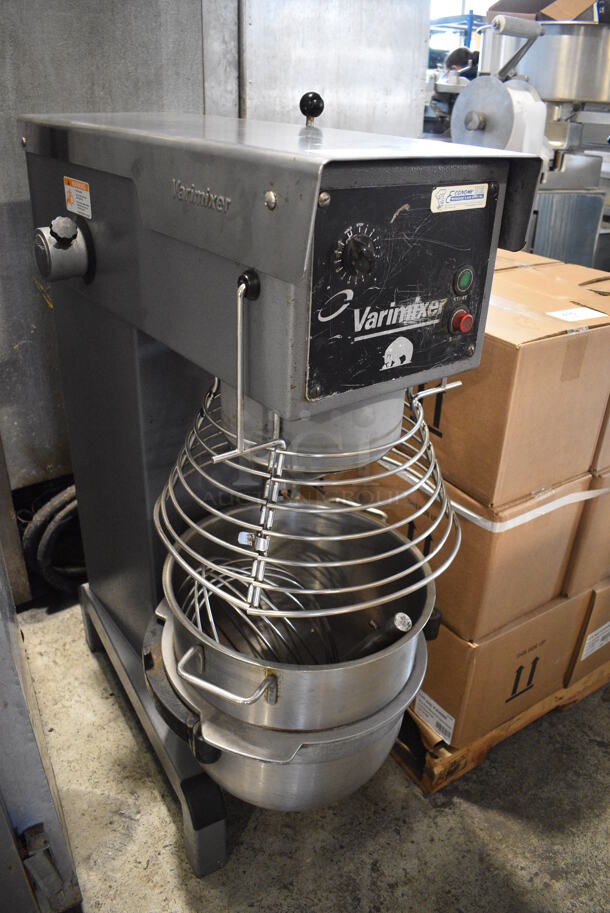 Varimixer Model W40 Metal Commercial Floor Style 40 Quart Planetary Mixer w/ Stainless Steel Bowl, Bowl Guard, Whisk and Dough Hook Attachments. 208 Volts, 3 Phase. 21x35x48
