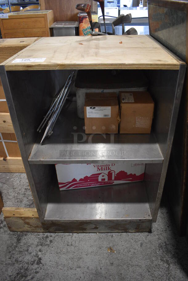 Wood Pattern Counter w/ 2 Metal Under Shelves and Various Contents Including Repair Motor Assembly. 22.5x23.5x35.5  
