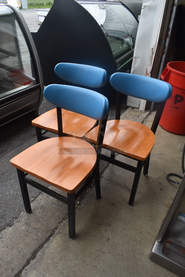 3 Dining Chairs with Blue Padded Backs, Wood Seat and Black Metal Frame. Stock Picture - Cosmetic Condition May Vary. 3 Times Your Bid! - Image 3 of 3
